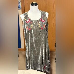 Johnny Was Gray Velvet Dress with Floral Embroidery
